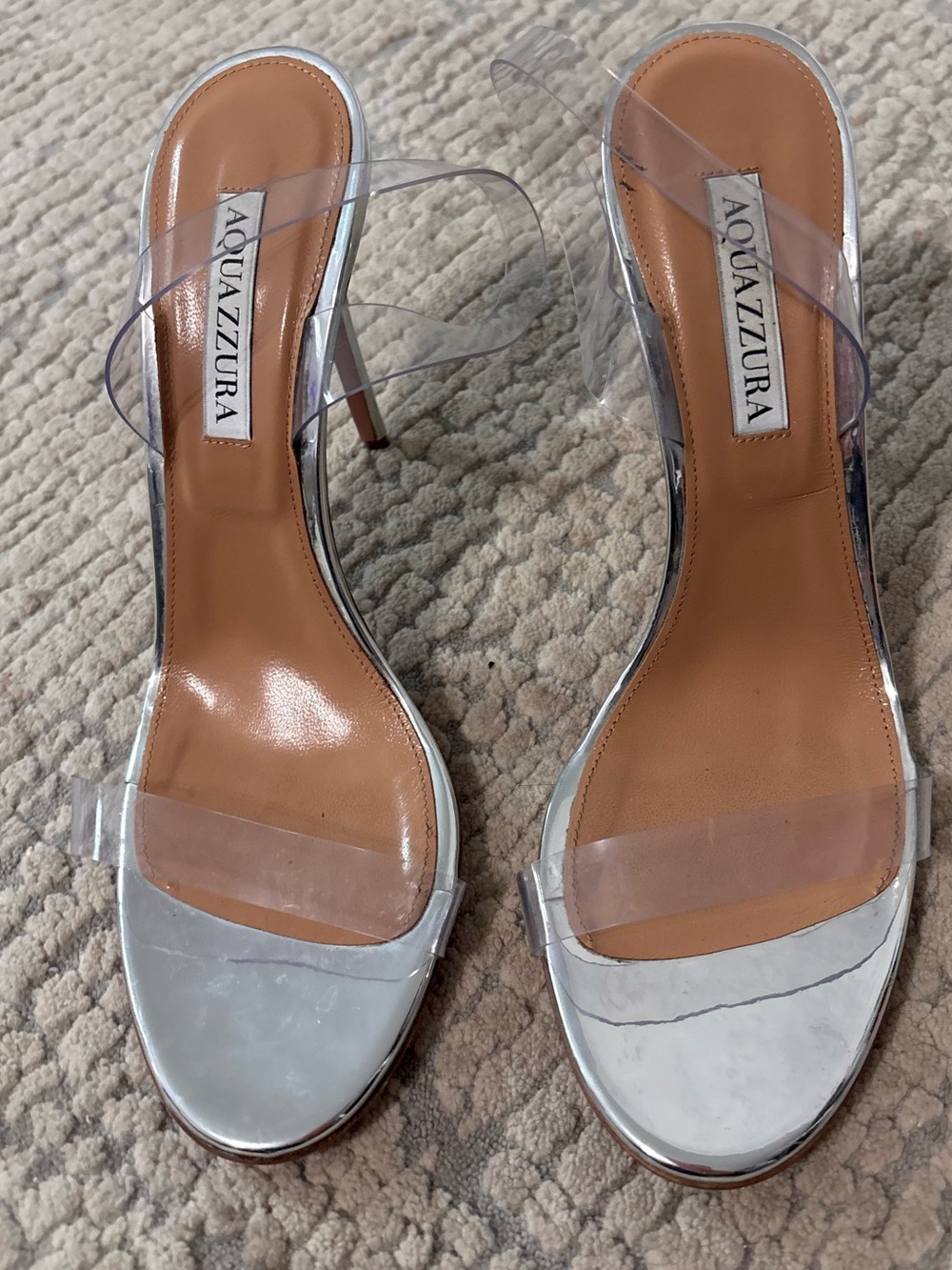 Aquazzura Silver Mirrored Stiletto Sandals with Clear Straps size 39